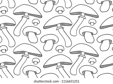 Seamless pattern with hand drawn mushrooms. Vector illustration. Botanical pattern for textiles and wallpapers, menu.