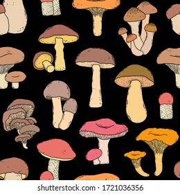Seamless pattern with hand drawn mushrooms in doodle style on black background.