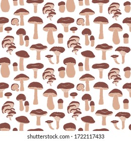 Seamless pattern with hand drawn mushrooms in doodle style on white background.