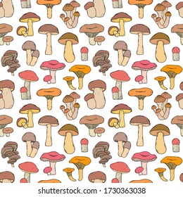 Seamless pattern with hand drawn mushrooms in doodle style on white background.
