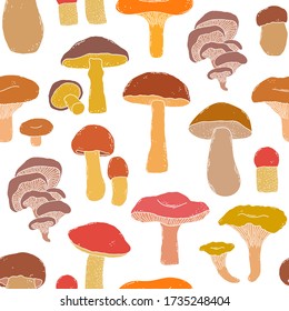 Seamless pattern with hand drawn mushrooms in doodle style on white background.