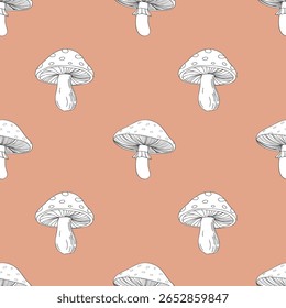 Padrão contínuo com cogumelos desenhados à mão na superfície de terracota. Fundo para impressão, tecido, têxtil, papel de parede.