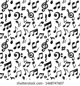 Seamless Pattern Of Hand Drawn Music Notes, Vector Illustration