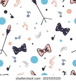 Seamless pattern with hand drawn music notes, colorful dots, microphone, bow tie. Great for fabrics, greeting cards, wallpapers, gift wrapping paper, textile, apparel, kids clothes.