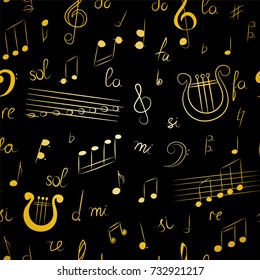 Seamless Pattern of Hand Drawn Music Symbols.  Golden Doodle Treble Clef, Bass Clef, Notes and Lyre.. Vector Illustration.