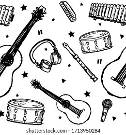 Seamless pattern, hand drawn musical instruments on white background.