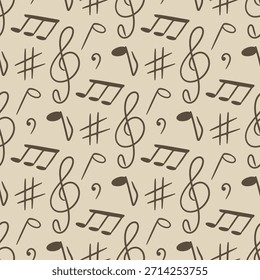 Padrão contínuo com notas musicais desenhadas à mão e símbolos