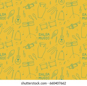 Seamless pattern with  hand drawn musical salsa instruments. Vector illustration.