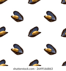 Patrón sin fisuras con mejillones dibujados a mano sobre fondo blanco. Vector de diseño de mariscos. Ideal para textiles de cocina, papel de embalaje, manteles, fondo de menú y embalaje