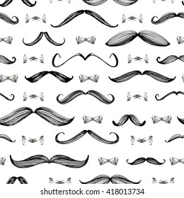 Seamless pattern with hand drawn mustache. Hand drawn seamless ornament for wrapping paper for Happy Father's Day. Ink illustration. Modern brush calligraphy. Isolated on white background. 