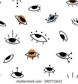 Seamless pattern with hand drawn mystic evil eyes on white. Black outline magic doodle eyes. Simple minimalist texture for modern textile, fabric, paper. Vector background with occult symbols