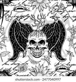 Seamless pattern with hand drawn mystic objects and symbols of scary demon and herbs. Esoteric, Halloween and occult concept