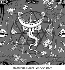 Seamless pattern with hand drawn mystic objects and symbols of pentagram and vampire lips and teeth. Esoteric, Halloween and occult concept