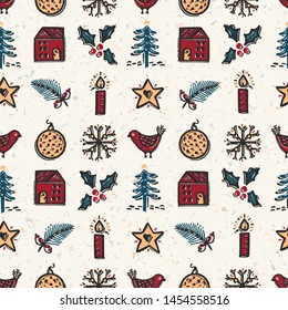 Seamless pattern. Hand drawn naive Christmas candle star, fir, tree, robin bird. Festive folk art background. Traditional holiday all over print. Yule gift wrapping paper illustration. Vector swatch