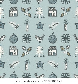 Seamless pattern. Hand drawn naive Christmas candle star, fir, tree, robin bird. Festive folk art background. Traditional holiday all over print. 