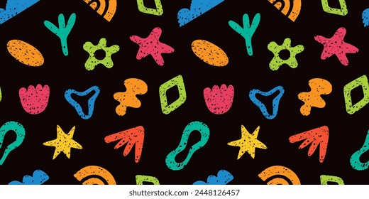 Seamless pattern with hand drawn naive playful abstract shapes in doodle grange style. Colourful geometric elements. Brush stroke style.