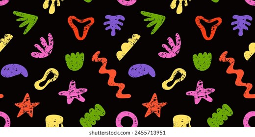 Seamless pattern with hand drawn naive playful abstract shapes in doodle grange style. Colourful geometric elements. Brush stroke style.