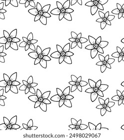 Seamless pattern of hand drawn narcissus flowers black on white background. Elegant botanical floral illustration