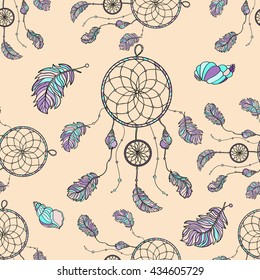 Seamless pattern with hand drawn native Indian-American dream catcher. zentangle dream catcher. Boho styled. Vector.