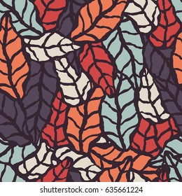 Seamless pattern with hand drawn natural leaves, vector illustration