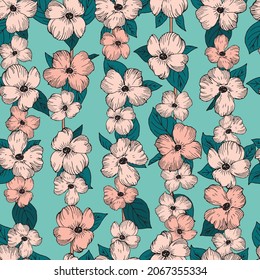Flor de primavera de la naturaleza dibujada a mano sin foco con pétalos de varios tonos rosados con hojas de color verde oscuro agrupadas con fondo beige claro