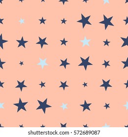 Seamless pattern with hand drawn navy blue stars on orange background. Cute halftone background. Vector illustration.