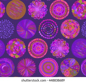 Seamless pattern with hand drawn neon circle. Colorful beautiful endless background with decorative ethnic elements.