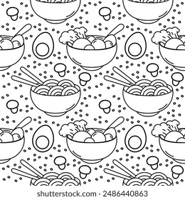 seamless pattern hand drawn of noodles and eggs, and noodles and meatballs redesign in a bowl with chopsticks on it