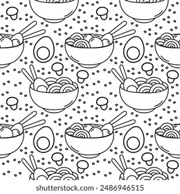 seamless pattern hand drawn of noodles and eggs, and noodles and meatballs redesign in a bowl with chopsticks on it