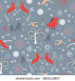 Seamless pattern, hand drawn north folk ornament, vector illustration