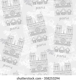Seamless pattern with hand drawn Notre Dame de Paris Cathedral, France. Vector background with french travel landmark