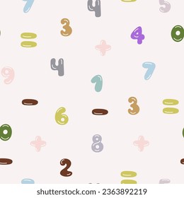 Seamless pattern with hand drawn numbers. Vector background with colorful pastel numbers on a soft pink background