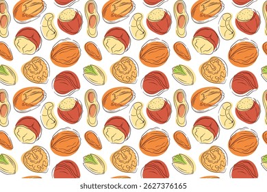 Seamless pattern of hand drawn nuts peanut, walnut, almond, pistachio, cashew, macadamia, pecan and hazelnut in flat style on white background. Perfect for textile, packaging, menu, store design.