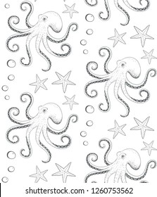 Seamless pattern of hand drawn octopus and sea stars. Vector illustration.