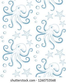 Seamless pattern of hand drawn octopus and sea stars. Vector illustration.