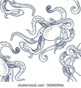 Seamless pattern with hand drawn octopus. Vector.