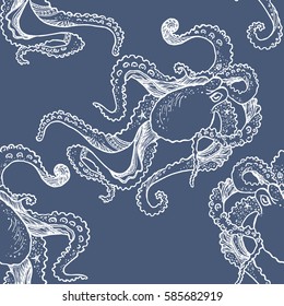 Seamless pattern with hand drawn octopus. Vector.