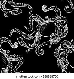 Seamless pattern with hand drawn octopus. Vector.