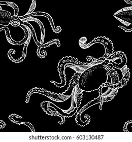 Seamless pattern with hand drawn octopus and squid. Vector.