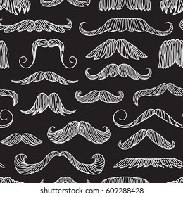 Seamless pattern with hand drawn old fashion mustaches. Black contour artistic drawing. Actual hipster vector. Male barber shop background