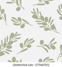 Seamless pattern with hand drawn olive branches on a light background. It can be used for decoration of textile, paper and other surfaces.