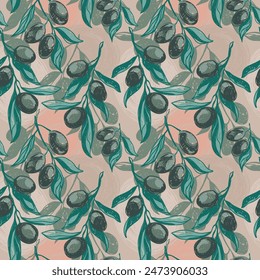 Seamless pattern with hand drawn olive branches, sketch style vector illustration