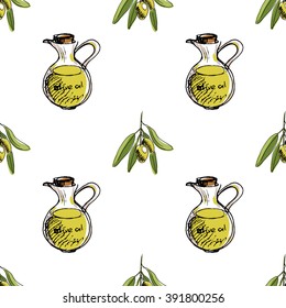 Seamless pattern with hand drawn olives and olive oil sketchy style on white background/ Doodle vegetables/ Hand drawn vector illustration