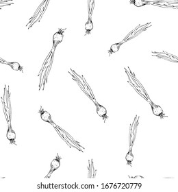 Seamless pattern Hand Drawn onion doodle. Sketch style icon. Decoration element. Isolated on white background. Flat design. Vector illustration.