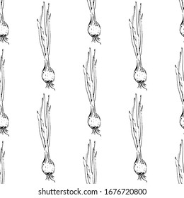 Seamless pattern Hand Drawn onion doodle. Sketch style icon. Decoration element. Isolated on white background. Flat design. Vector illustration.