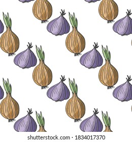 Seamless pattern with hand drawn onion and garlic. Light background for your kitchen. Vegetable background. Organic food. Vector illustration.