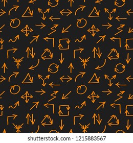 Seamless pattern with hand drawn orange arrows on black background. Vector illustration.
