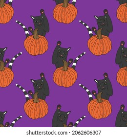 Seamless pattern with hand drawn orange pumpkins and jumping cat. Purple background. Autumn digital paper.