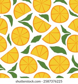Seamless pattern with hand drawn orange slices and leaves on white background. Modern botanical print for fabric, cover, card, flyer. Vector illustration