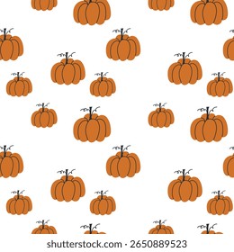 Seamless pattern of hand drawn orange pumpkins with dark stems on a white background in a clean fall harvest style